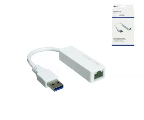 USB-adapter til Gbit LAN for MAC og PC, USB 3.0 (2.0) A-plugg til RJ45-kontakt, hvit, DINIC-boks